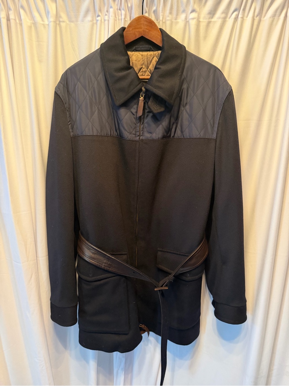 Brioni Loro Piana men’s quilted storm system wool belted overcoat silk lining